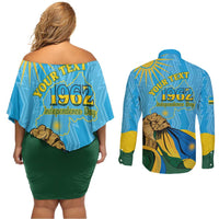 Personalized Rwanda Independence Day Couples Matching Off Shoulder Short Dress and Long Sleeve Button Shirt Coat Of Arms Imigongo Pattern