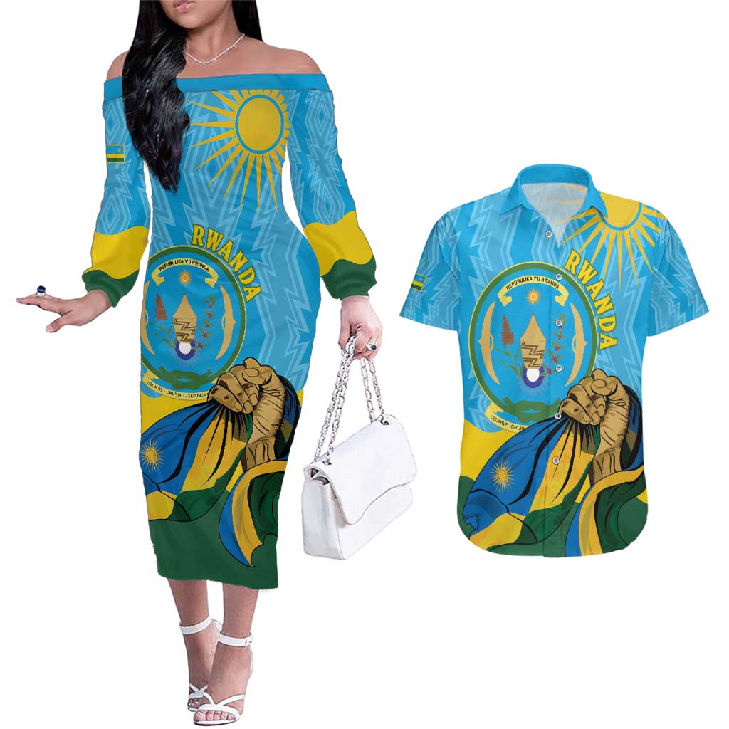 Personalized Rwanda Independence Day Couples Matching Off The Shoulder Long Sleeve Dress and Hawaiian Shirt Coat Of Arms Imigongo Pattern
