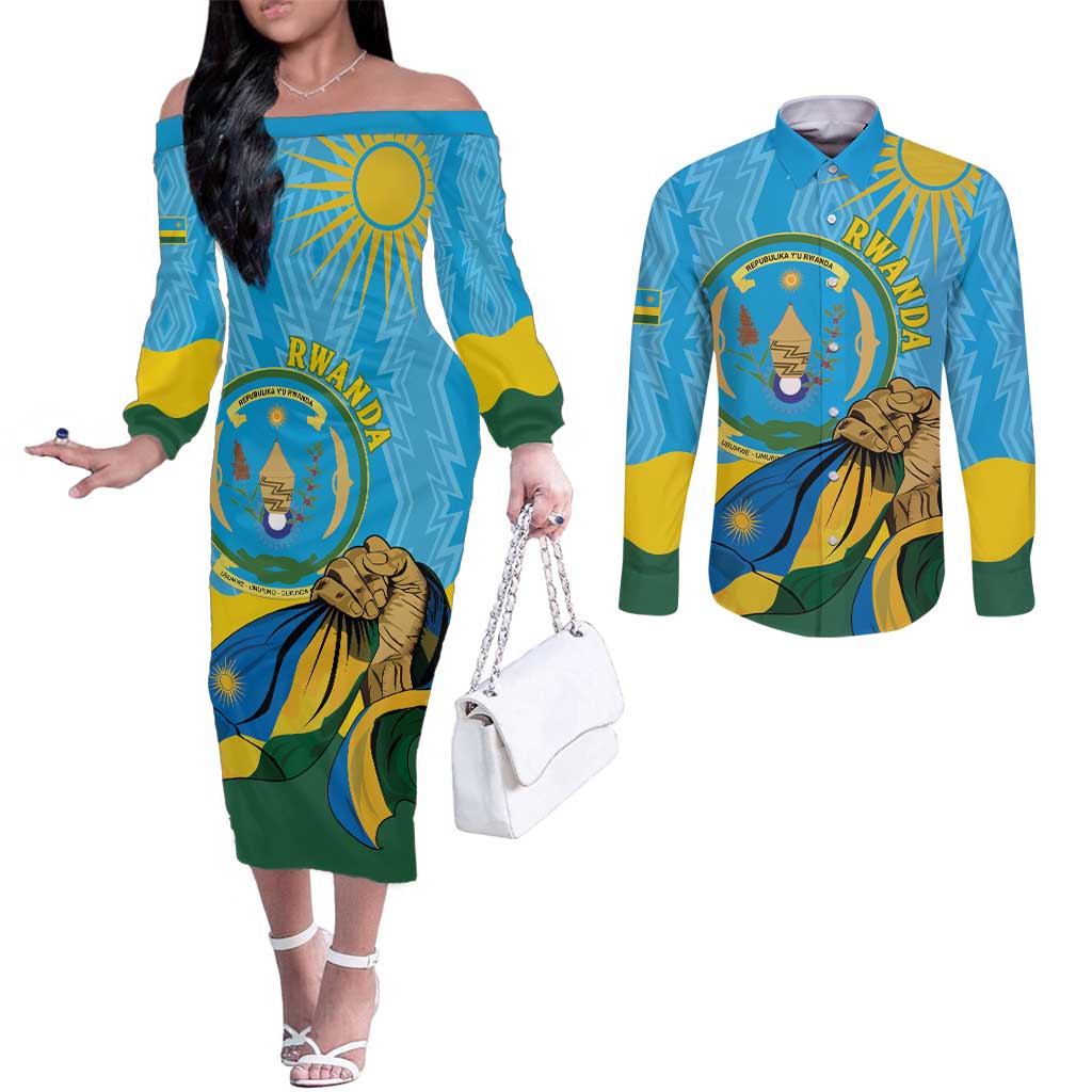 Personalized Rwanda Independence Day Couples Matching Off The Shoulder Long Sleeve Dress and Long Sleeve Button Shirt Coat Of Arms Imigongo Pattern