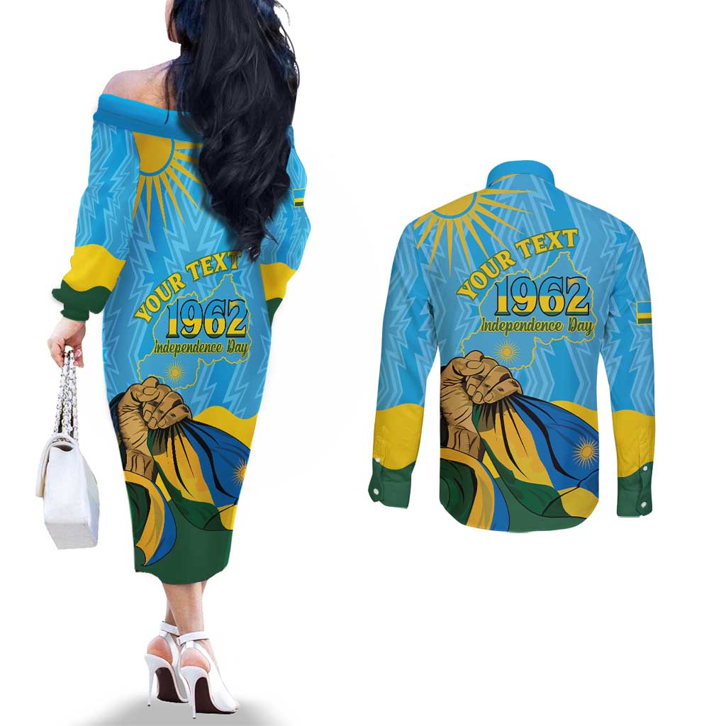 Personalized Rwanda Independence Day Couples Matching Off The Shoulder Long Sleeve Dress and Long Sleeve Button Shirt Coat Of Arms Imigongo Pattern