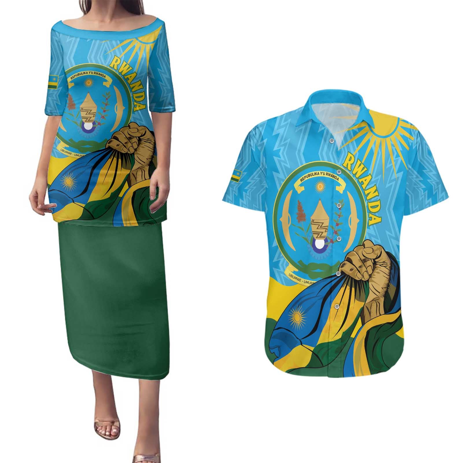 Personalized Rwanda Independence Day Couples Matching Puletasi and Hawaiian Shirt Coat Of Arms Imigongo Pattern