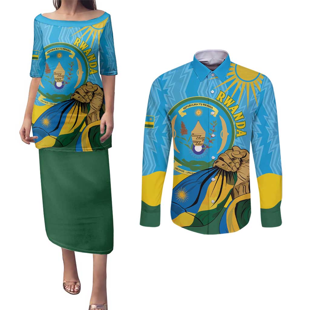 Personalized Rwanda Independence Day Couples Matching Puletasi and Long Sleeve Button Shirt Coat Of Arms Imigongo Pattern