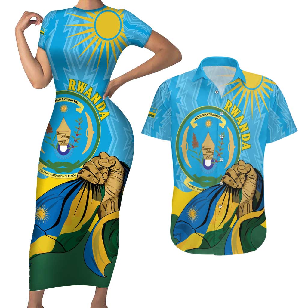 Personalized Rwanda Independence Day Couples Matching Short Sleeve Bodycon Dress and Hawaiian Shirt Coat Of Arms Imigongo Pattern