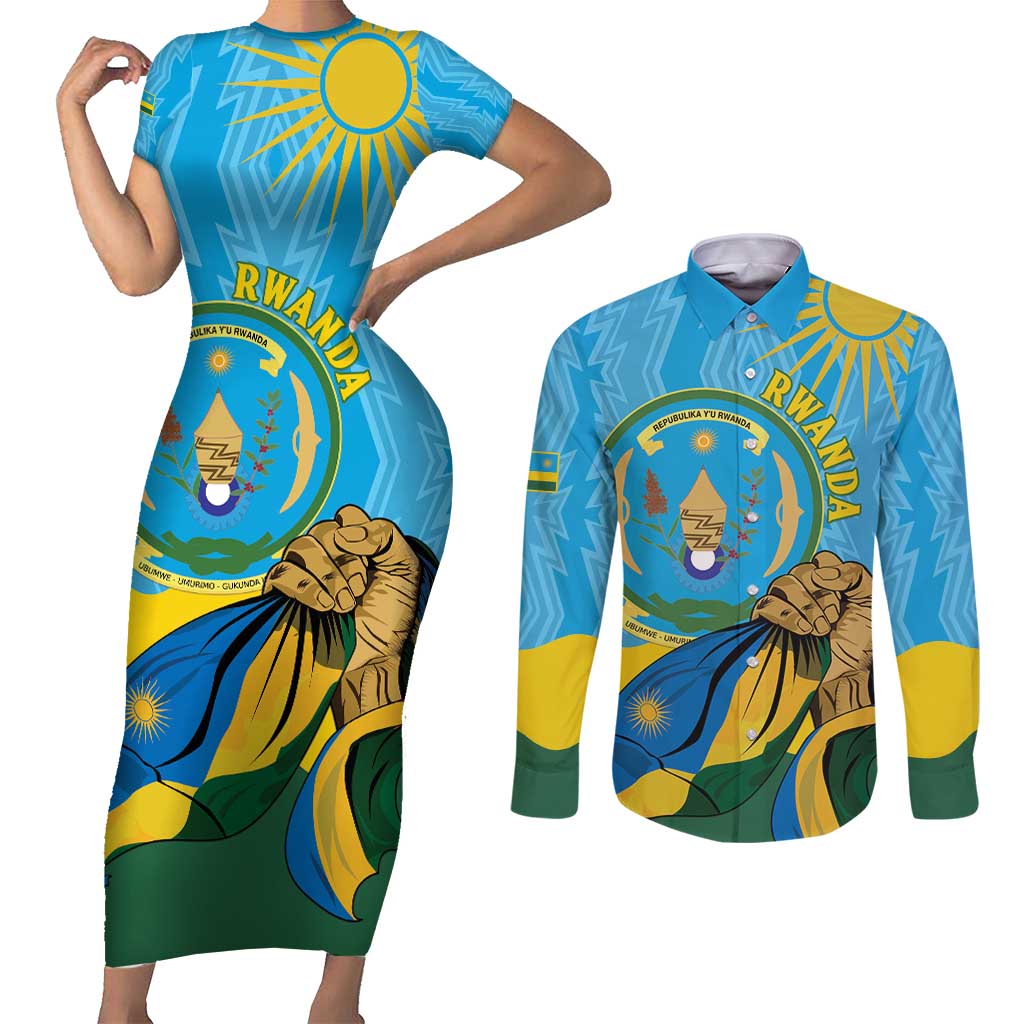 Personalized Rwanda Independence Day Couples Matching Short Sleeve Bodycon Dress and Long Sleeve Button Shirt Coat Of Arms Imigongo Pattern