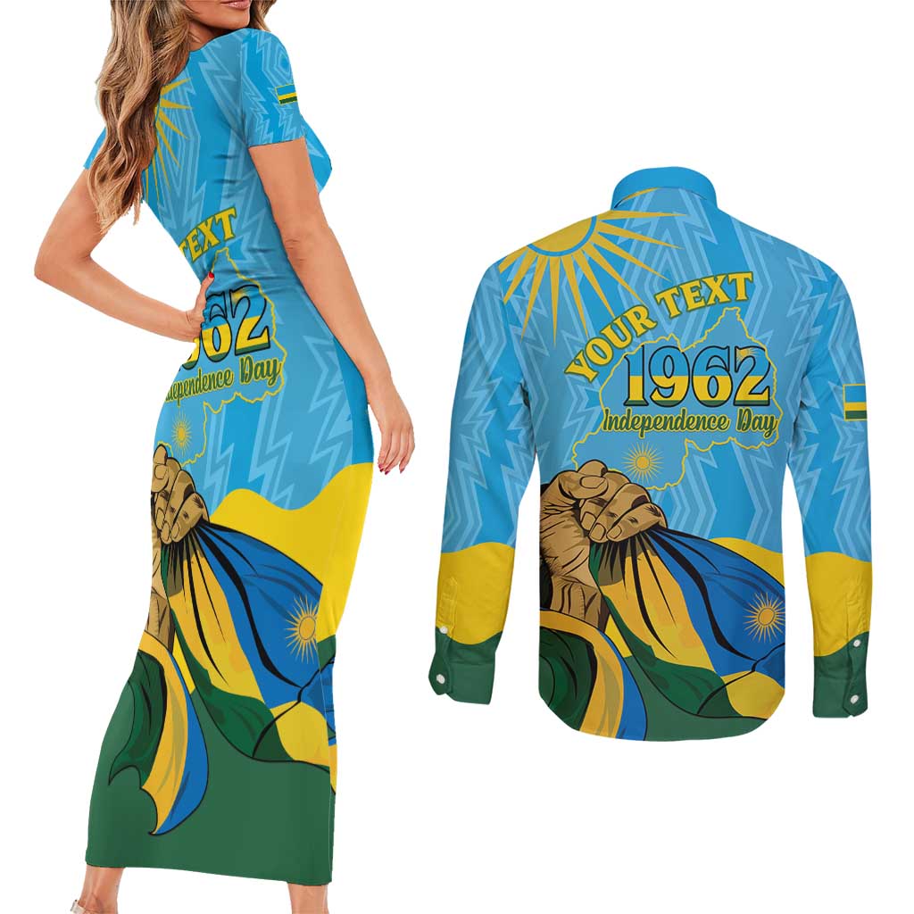 Personalized Rwanda Independence Day Couples Matching Short Sleeve Bodycon Dress and Long Sleeve Button Shirt Coat Of Arms Imigongo Pattern