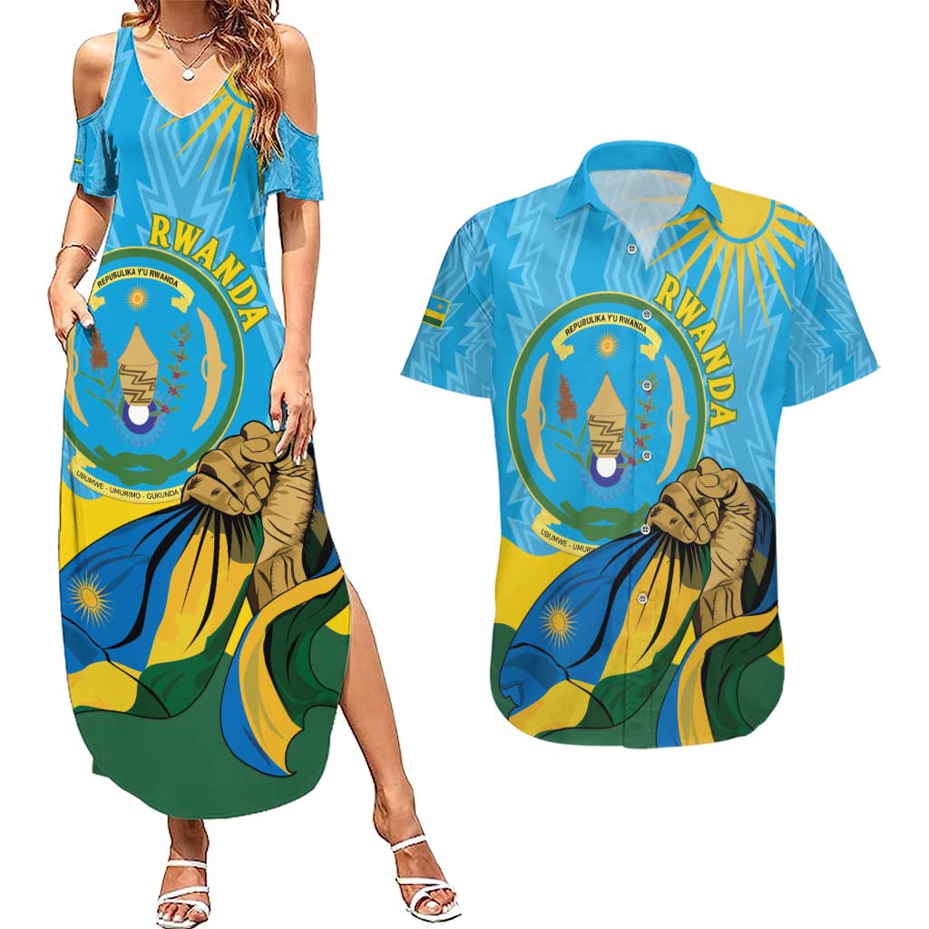 Personalized Rwanda Independence Day Couples Matching Summer Maxi Dress and Hawaiian Shirt Coat Of Arms Imigongo Pattern