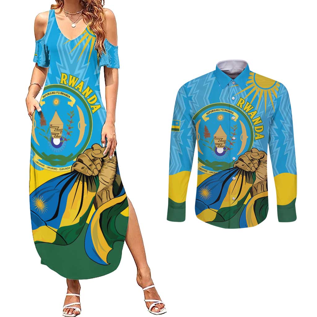 Personalized Rwanda Independence Day Couples Matching Summer Maxi Dress and Long Sleeve Button Shirt Coat Of Arms Imigongo Pattern