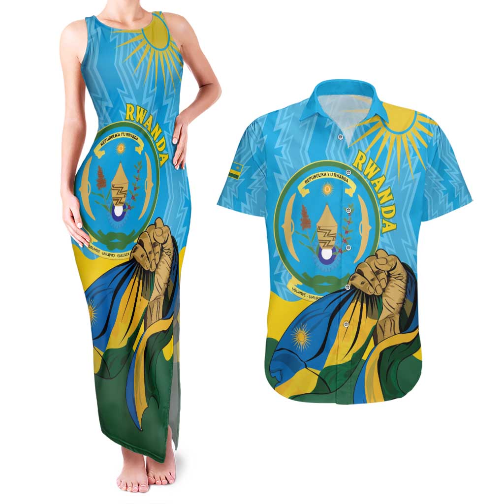 Personalized Rwanda Independence Day Couples Matching Tank Maxi Dress and Hawaiian Shirt Coat Of Arms Imigongo Pattern