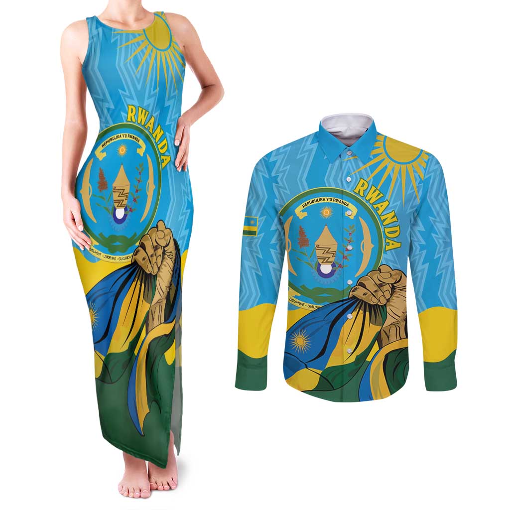 Personalized Rwanda Independence Day Couples Matching Tank Maxi Dress and Long Sleeve Button Shirt Coat Of Arms Imigongo Pattern
