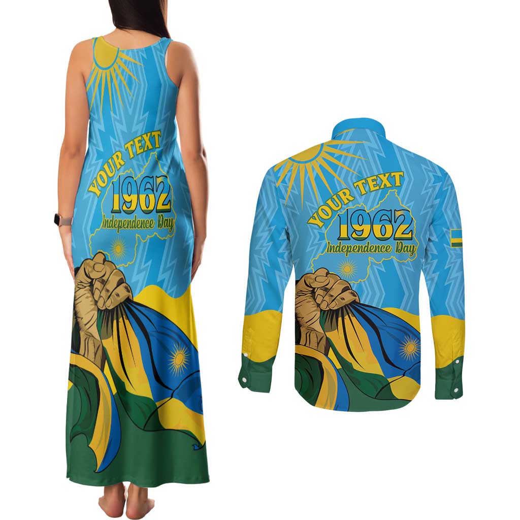 Personalized Rwanda Independence Day Couples Matching Tank Maxi Dress and Long Sleeve Button Shirt Coat Of Arms Imigongo Pattern