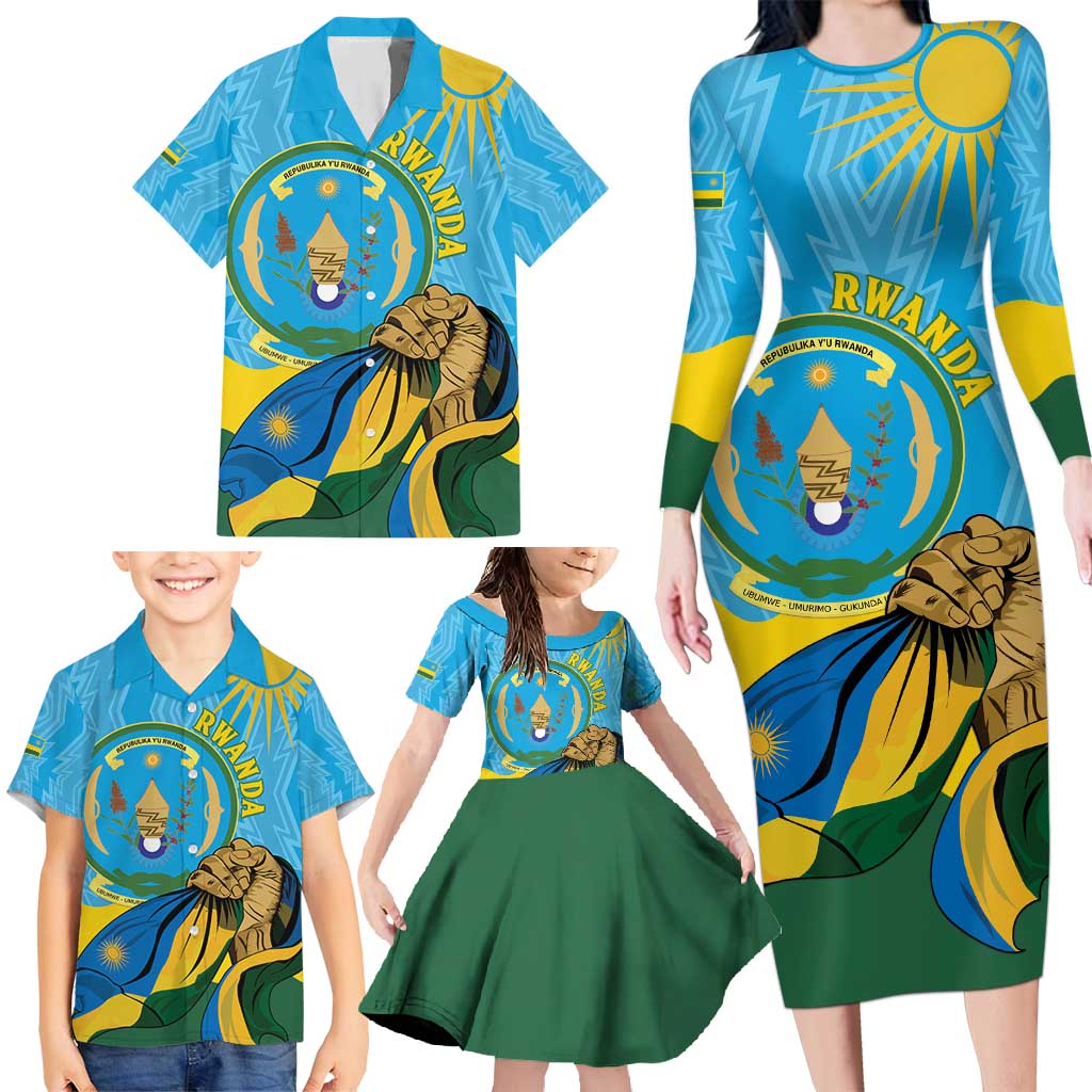 Personalized Rwanda Independence Day Family Matching Long Sleeve Bodycon Dress and Hawaiian Shirt Coat Of Arms Imigongo Pattern