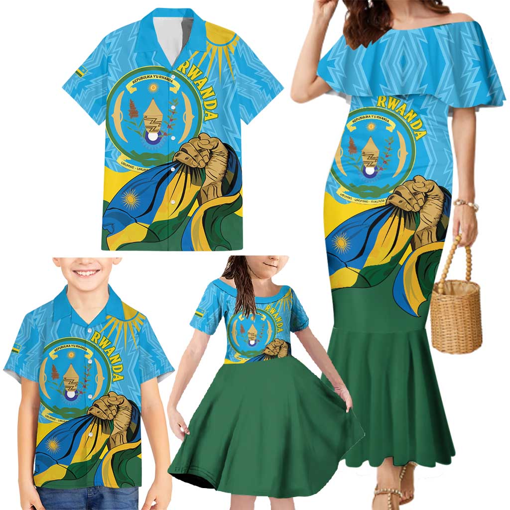 Personalized Rwanda Independence Day Family Matching Mermaid Dress and Hawaiian Shirt Coat Of Arms Imigongo Pattern