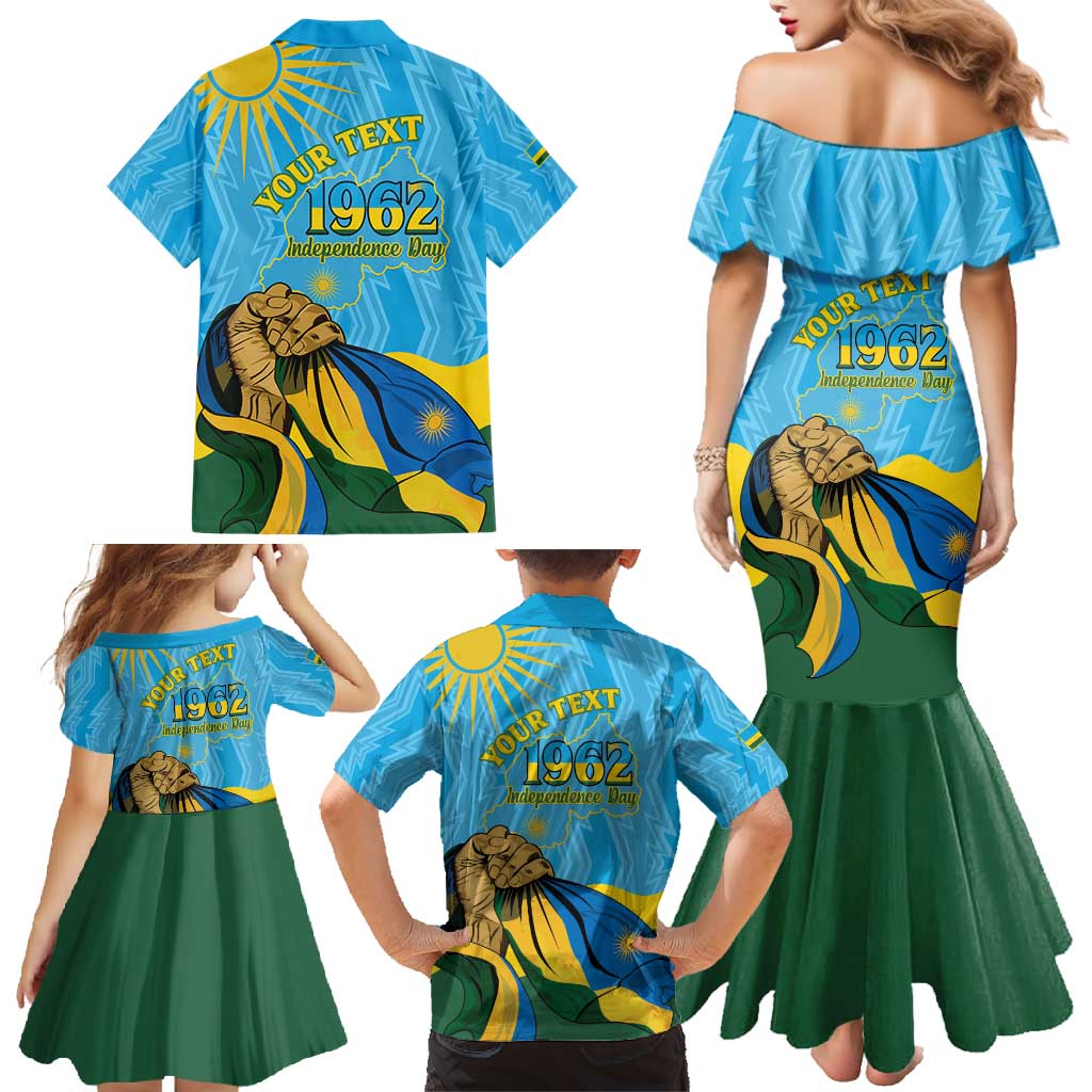 Personalized Rwanda Independence Day Family Matching Mermaid Dress and Hawaiian Shirt Coat Of Arms Imigongo Pattern