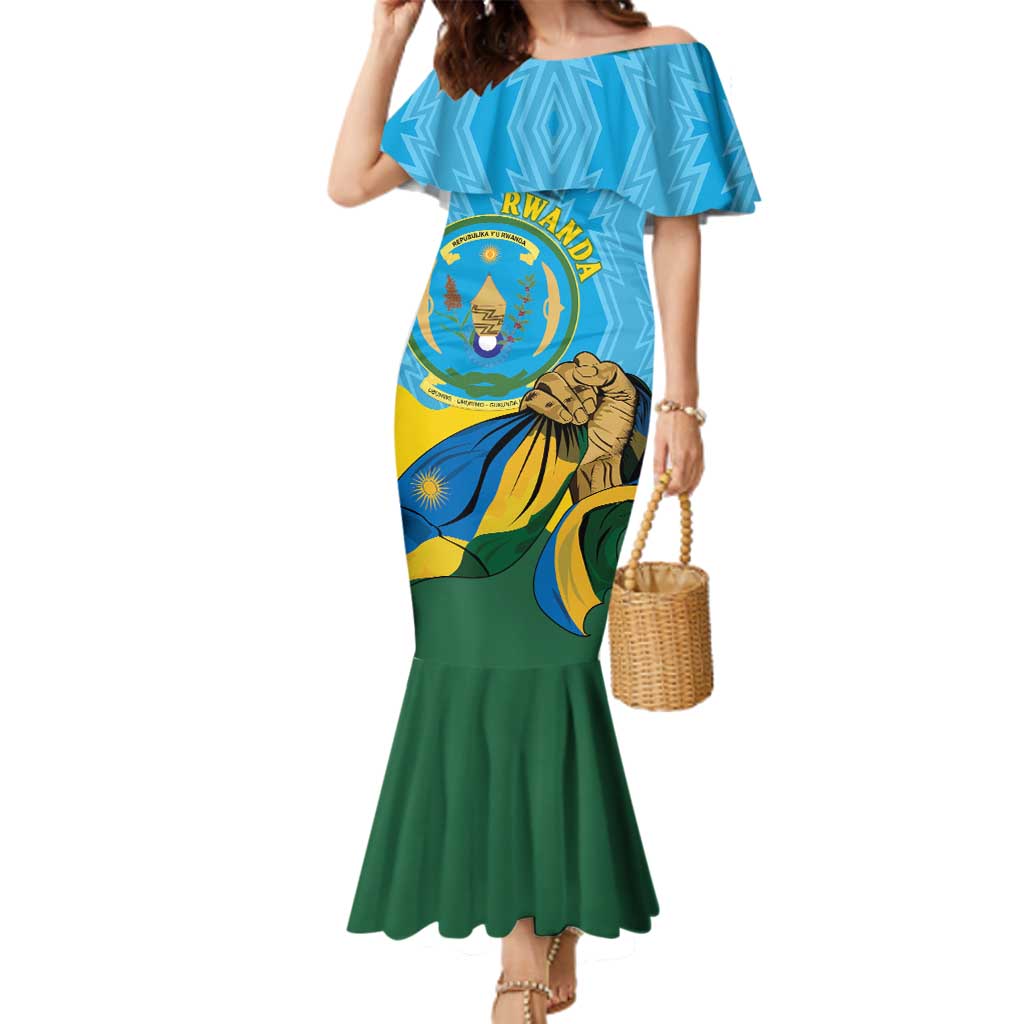 Personalized Rwanda Independence Day Family Matching Mermaid Dress and Hawaiian Shirt Coat Of Arms Imigongo Pattern