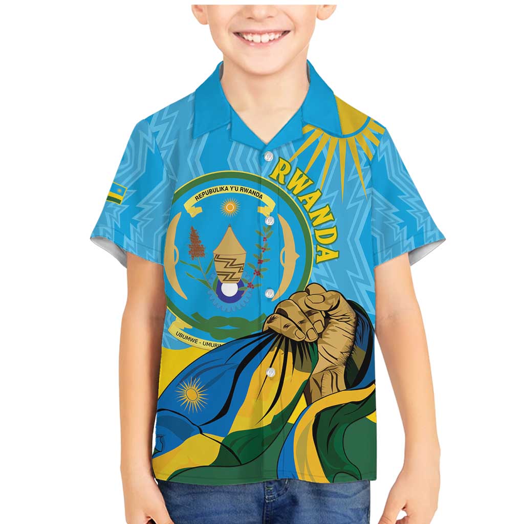 Personalized Rwanda Independence Day Family Matching Mermaid Dress and Hawaiian Shirt Coat Of Arms Imigongo Pattern