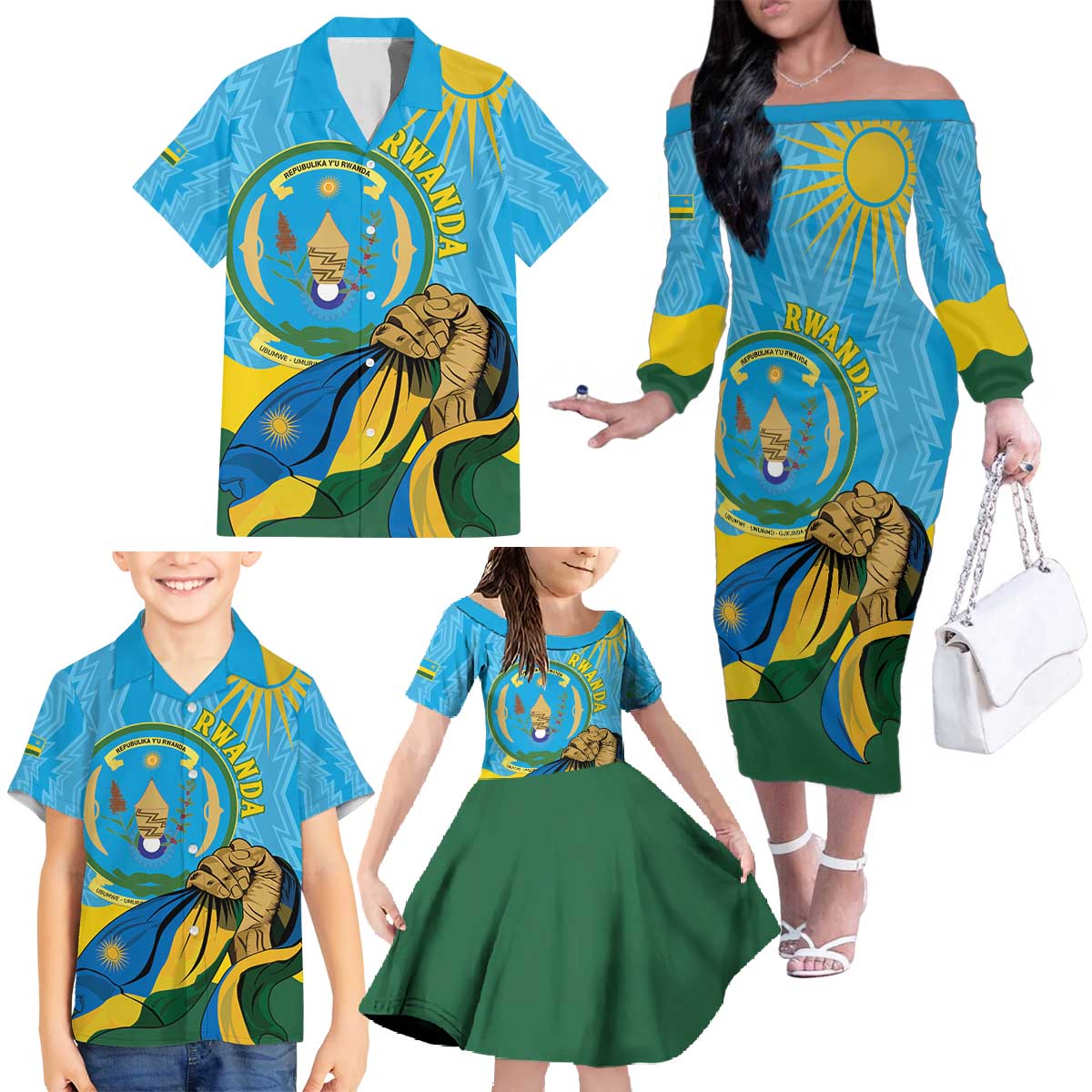 Personalized Rwanda Independence Day Family Matching Off The Shoulder Long Sleeve Dress and Hawaiian Shirt Coat Of Arms Imigongo Pattern