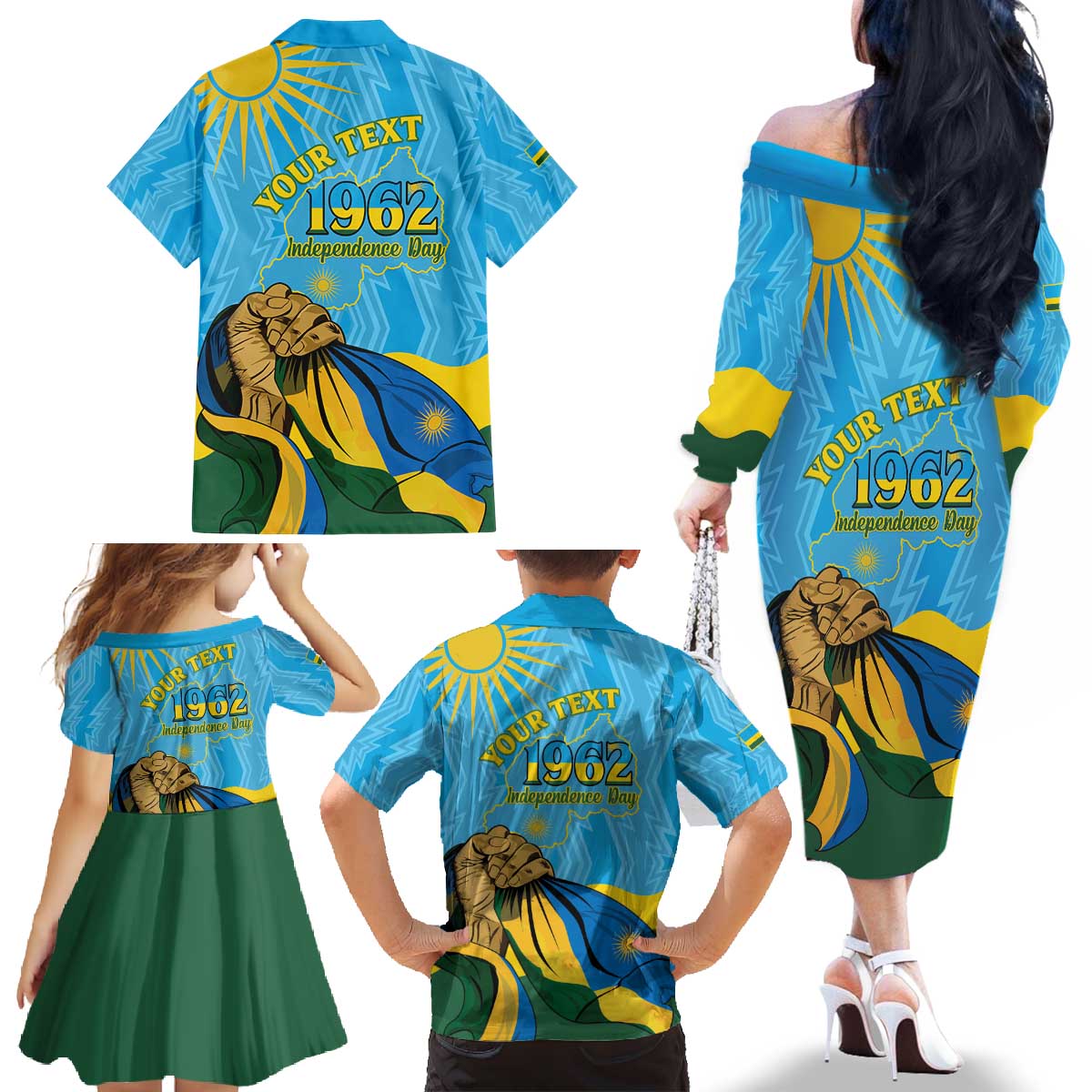 Personalized Rwanda Independence Day Family Matching Off The Shoulder Long Sleeve Dress and Hawaiian Shirt Coat Of Arms Imigongo Pattern
