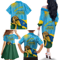 Personalized Rwanda Independence Day Family Matching Off The Shoulder Long Sleeve Dress and Hawaiian Shirt Coat Of Arms Imigongo Pattern