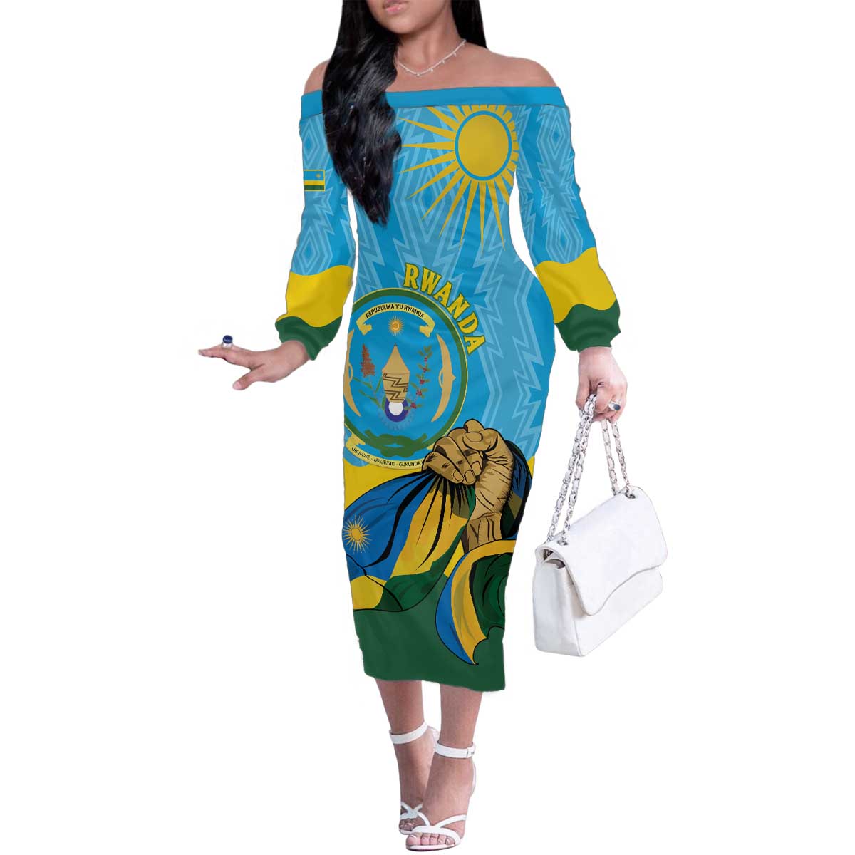 Personalized Rwanda Independence Day Family Matching Off The Shoulder Long Sleeve Dress and Hawaiian Shirt Coat Of Arms Imigongo Pattern