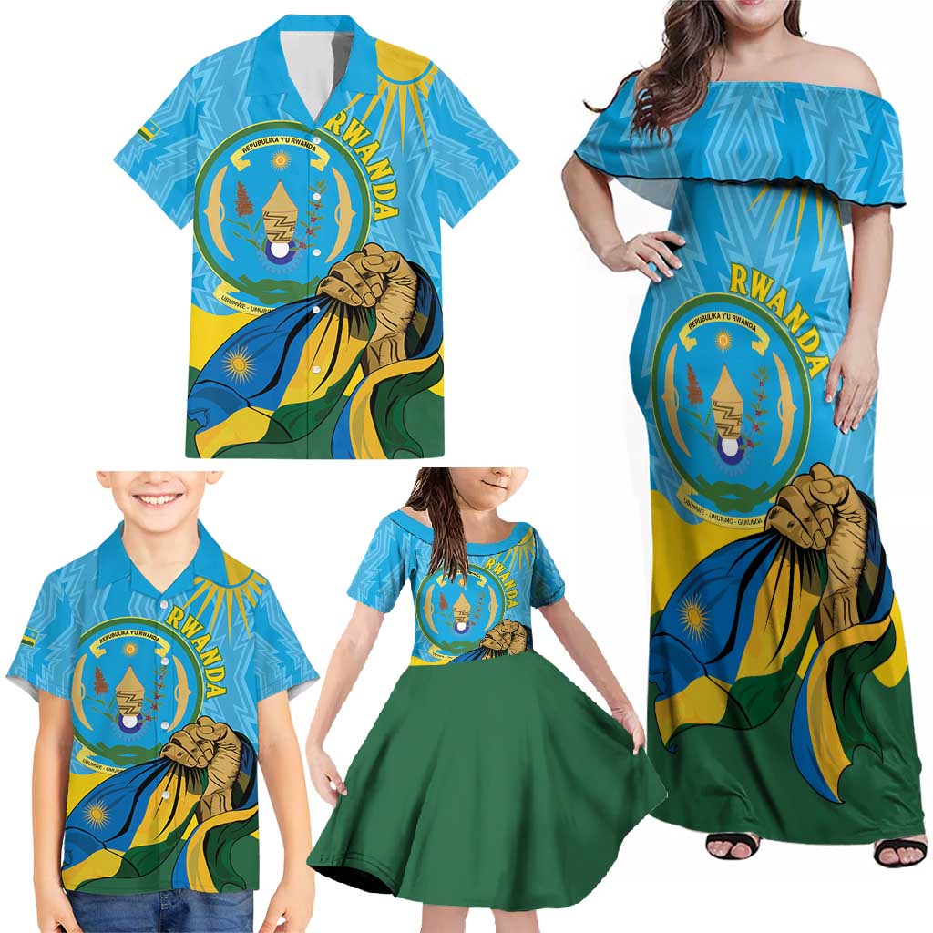 Personalized Rwanda Independence Day Family Matching Off Shoulder Maxi Dress and Hawaiian Shirt Coat Of Arms Imigongo Pattern