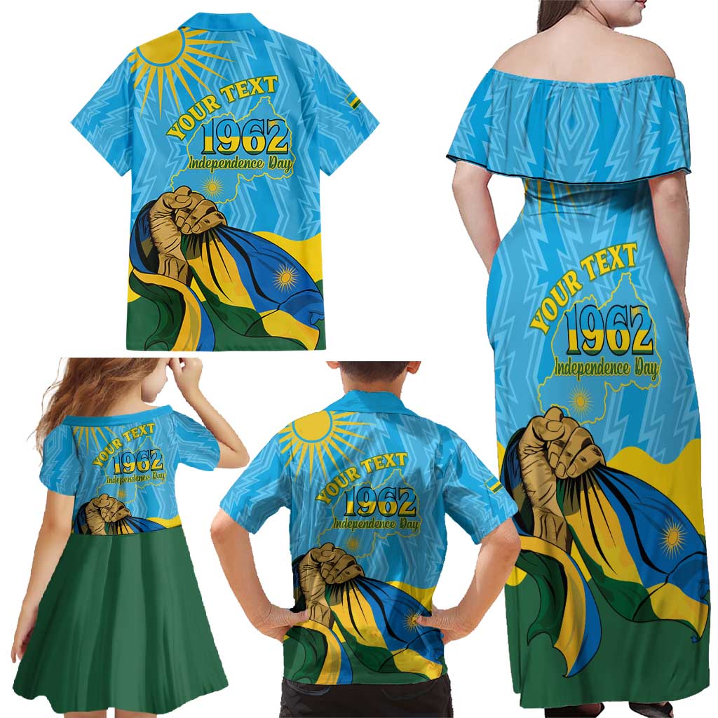 Personalized Rwanda Independence Day Family Matching Off Shoulder Maxi Dress and Hawaiian Shirt Coat Of Arms Imigongo Pattern