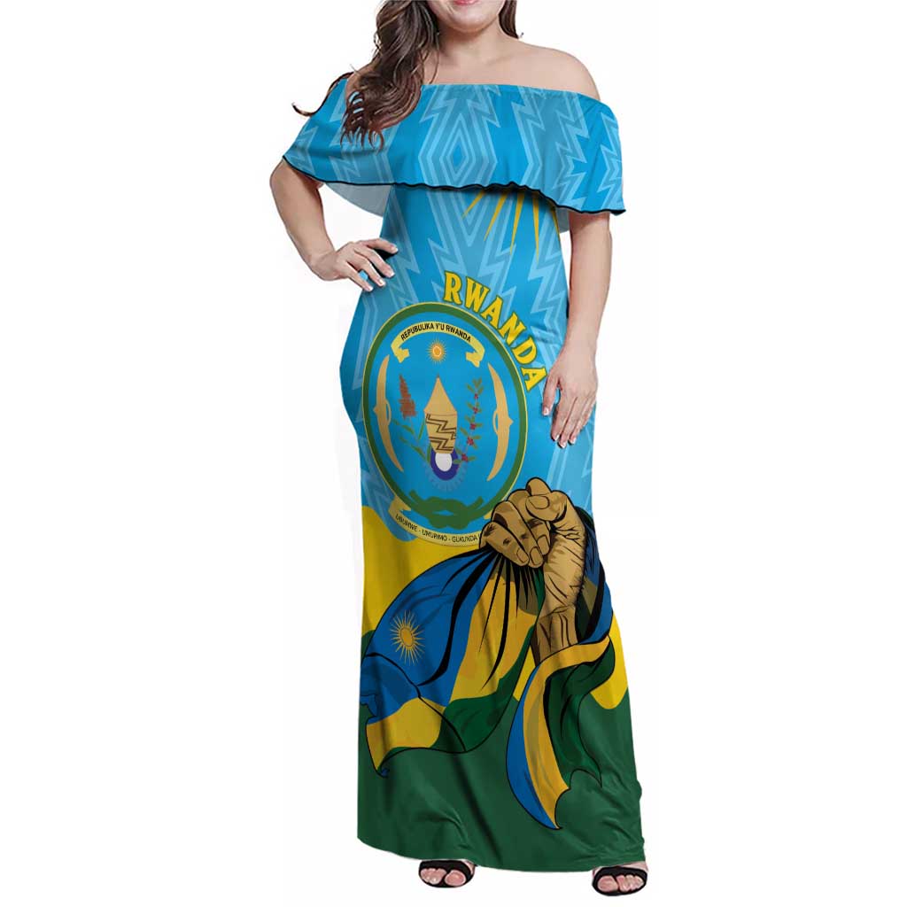 Personalized Rwanda Independence Day Family Matching Off Shoulder Maxi Dress and Hawaiian Shirt Coat Of Arms Imigongo Pattern