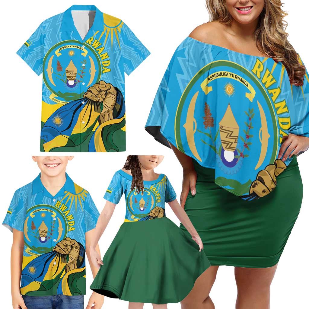 Personalized Rwanda Independence Day Family Matching Off Shoulder Short Dress and Hawaiian Shirt Coat Of Arms Imigongo Pattern