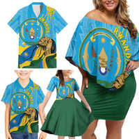 Personalized Rwanda Independence Day Family Matching Off Shoulder Short Dress and Hawaiian Shirt Coat Of Arms Imigongo Pattern