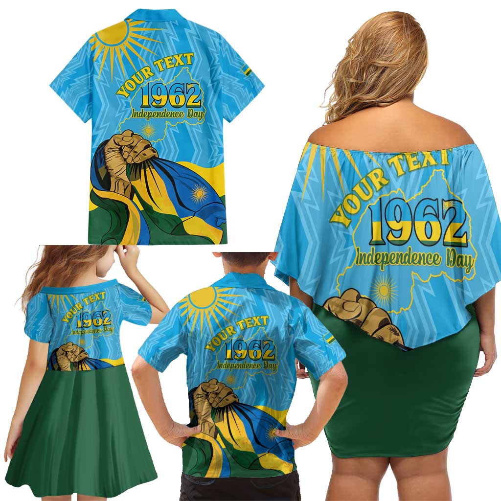 Personalized Rwanda Independence Day Family Matching Off Shoulder Short Dress and Hawaiian Shirt Coat Of Arms Imigongo Pattern
