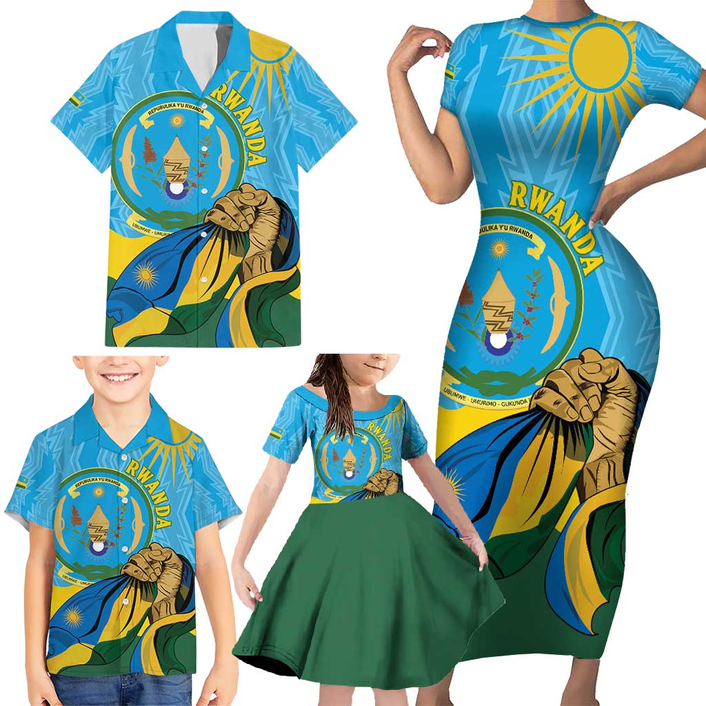 Personalized Rwanda Independence Day Family Matching Short Sleeve Bodycon Dress and Hawaiian Shirt Coat Of Arms Imigongo Pattern