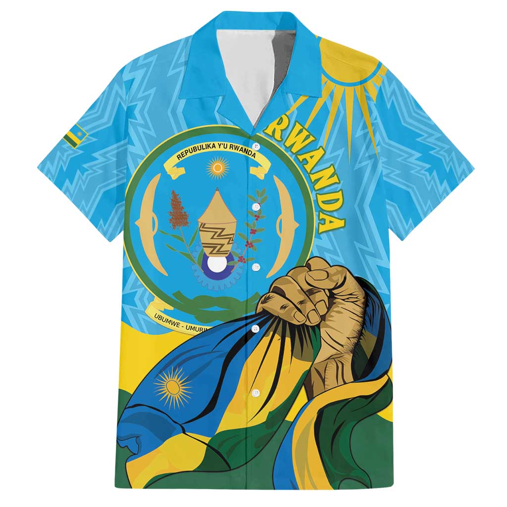 Personalized Rwanda Independence Day Family Matching Short Sleeve Bodycon Dress and Hawaiian Shirt Coat Of Arms Imigongo Pattern