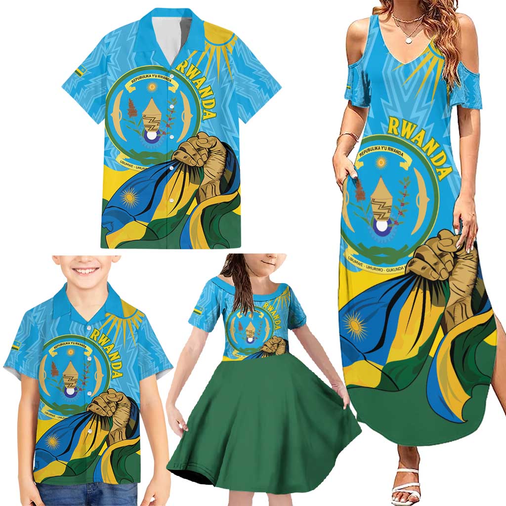 Personalized Rwanda Independence Day Family Matching Summer Maxi Dress and Hawaiian Shirt Coat Of Arms Imigongo Pattern