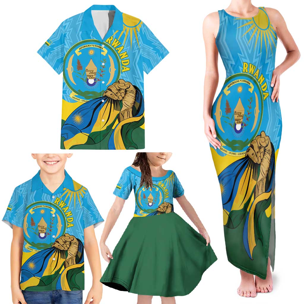 Personalized Rwanda Independence Day Family Matching Tank Maxi Dress and Hawaiian Shirt Coat Of Arms Imigongo Pattern
