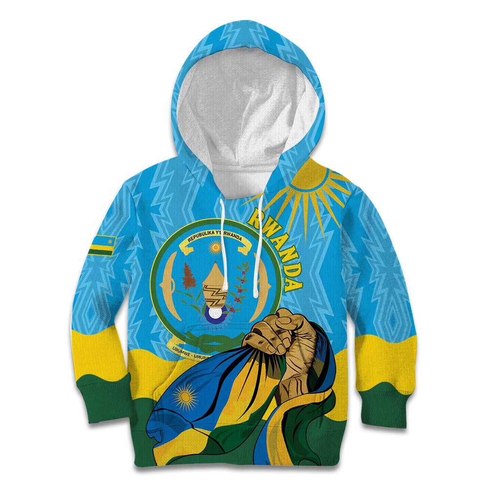 Personalized Rwanda Independence Day Kid Hoodie Coat Of Arms Imigongo Pattern
