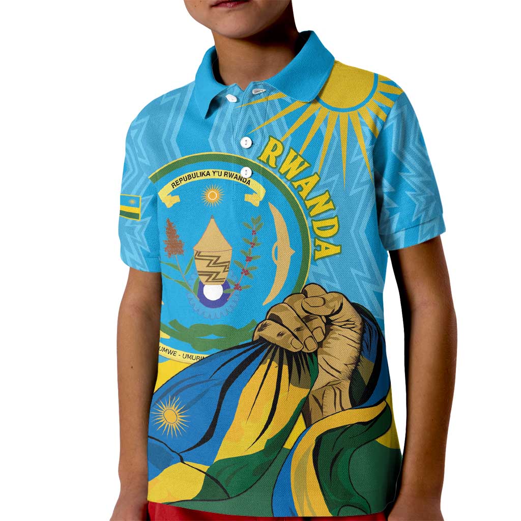 Personalized Rwanda Independence Day Kid Polo Shirt Coat Of Arms Imigongo Pattern