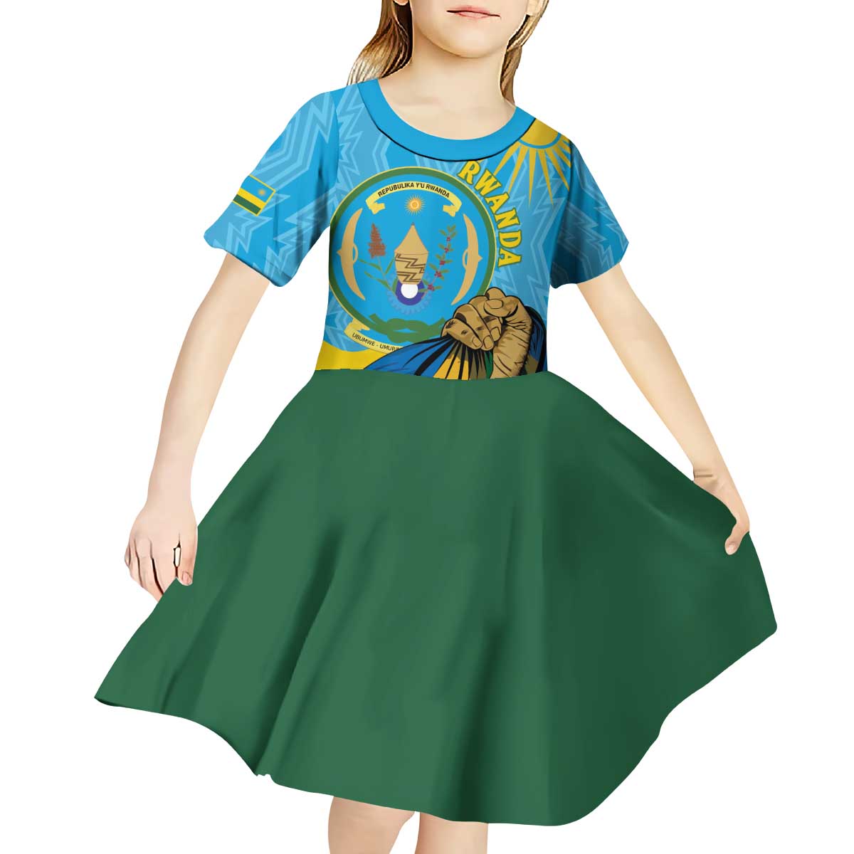 Personalized Rwanda Independence Day Kid Short Sleeve Dress Coat Of Arms Imigongo Pattern