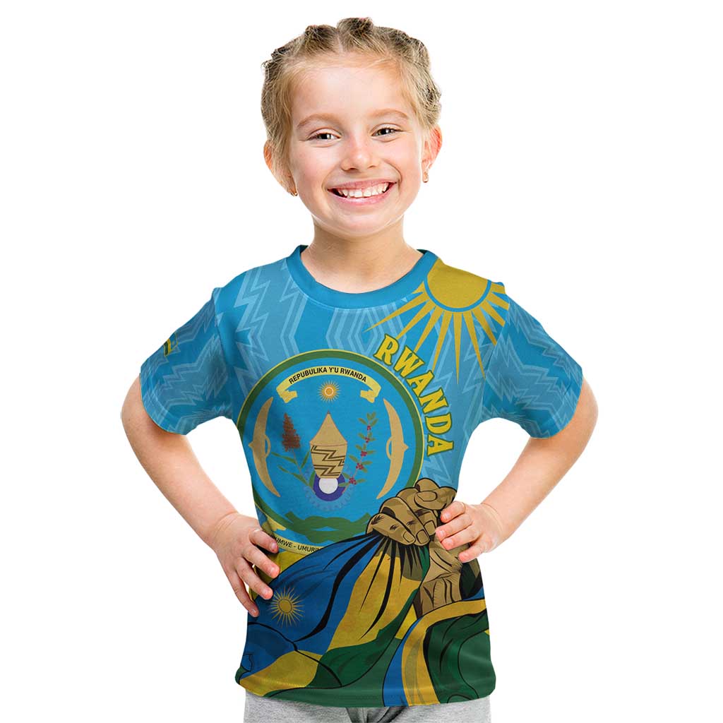 Personalized Rwanda Independence Day Kid T Shirt Coat Of Arms Imigongo Pattern