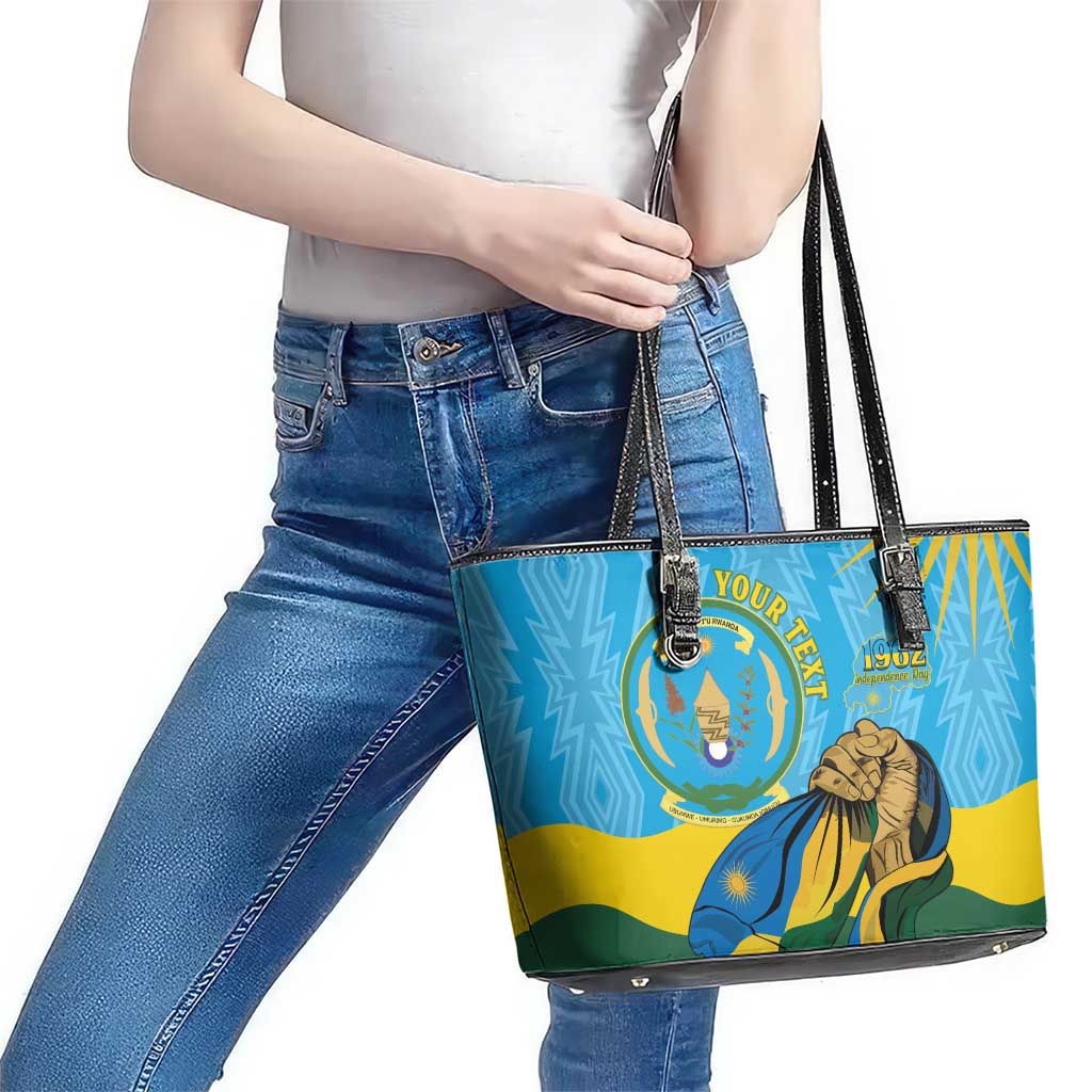 Personalized Rwanda Independence Day Leather Tote Bag Coat Of Arms Imigongo Pattern