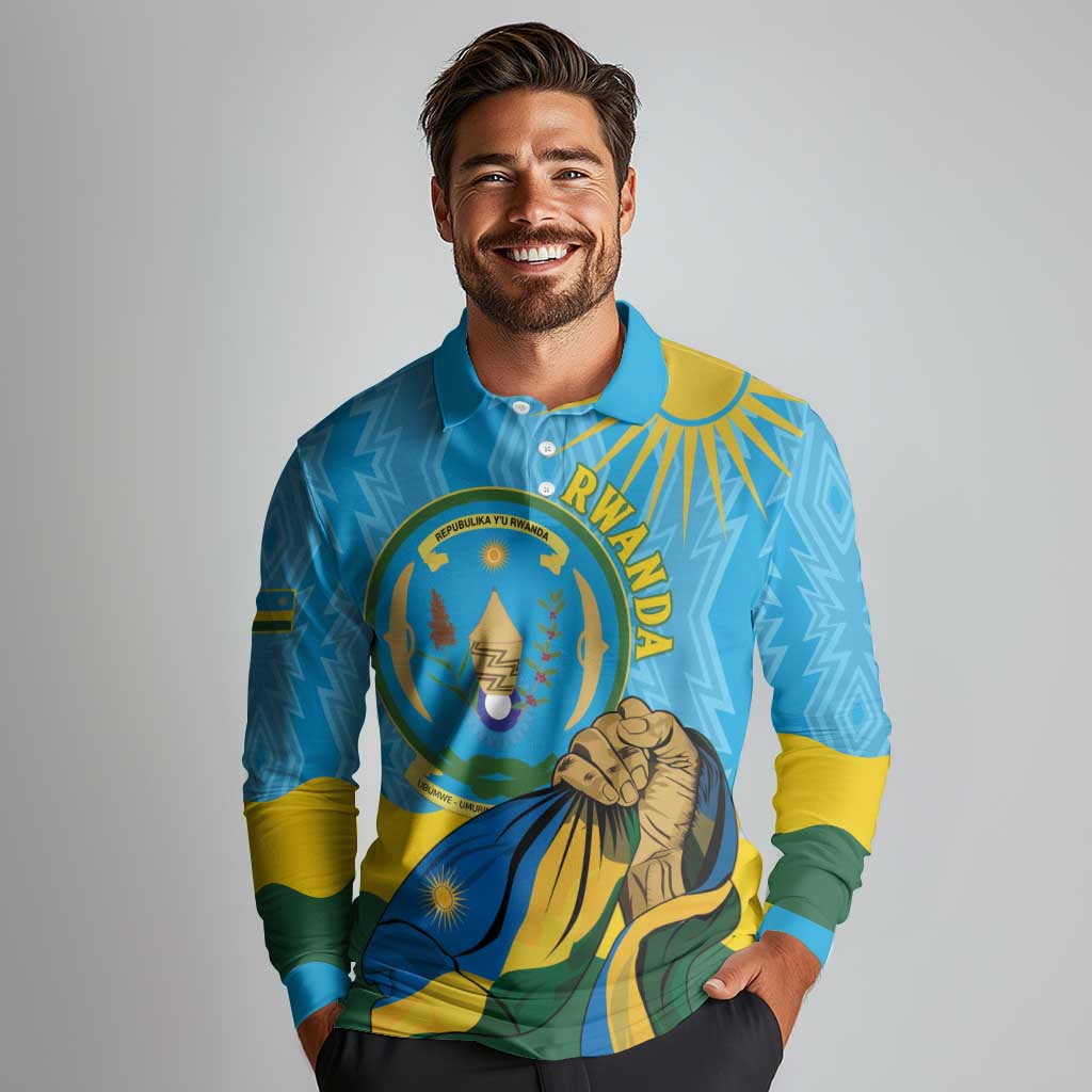 Personalized Rwanda Independence Day Long Sleeve Polo Shirt Coat Of Arms Imigongo Pattern