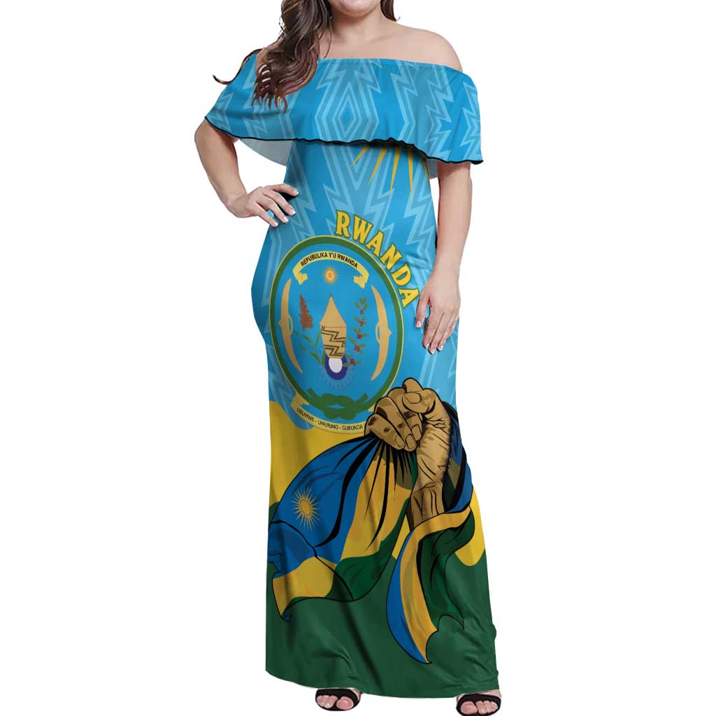 Personalized Rwanda Independence Day Off Shoulder Maxi Dress Coat Of Arms Imigongo Pattern