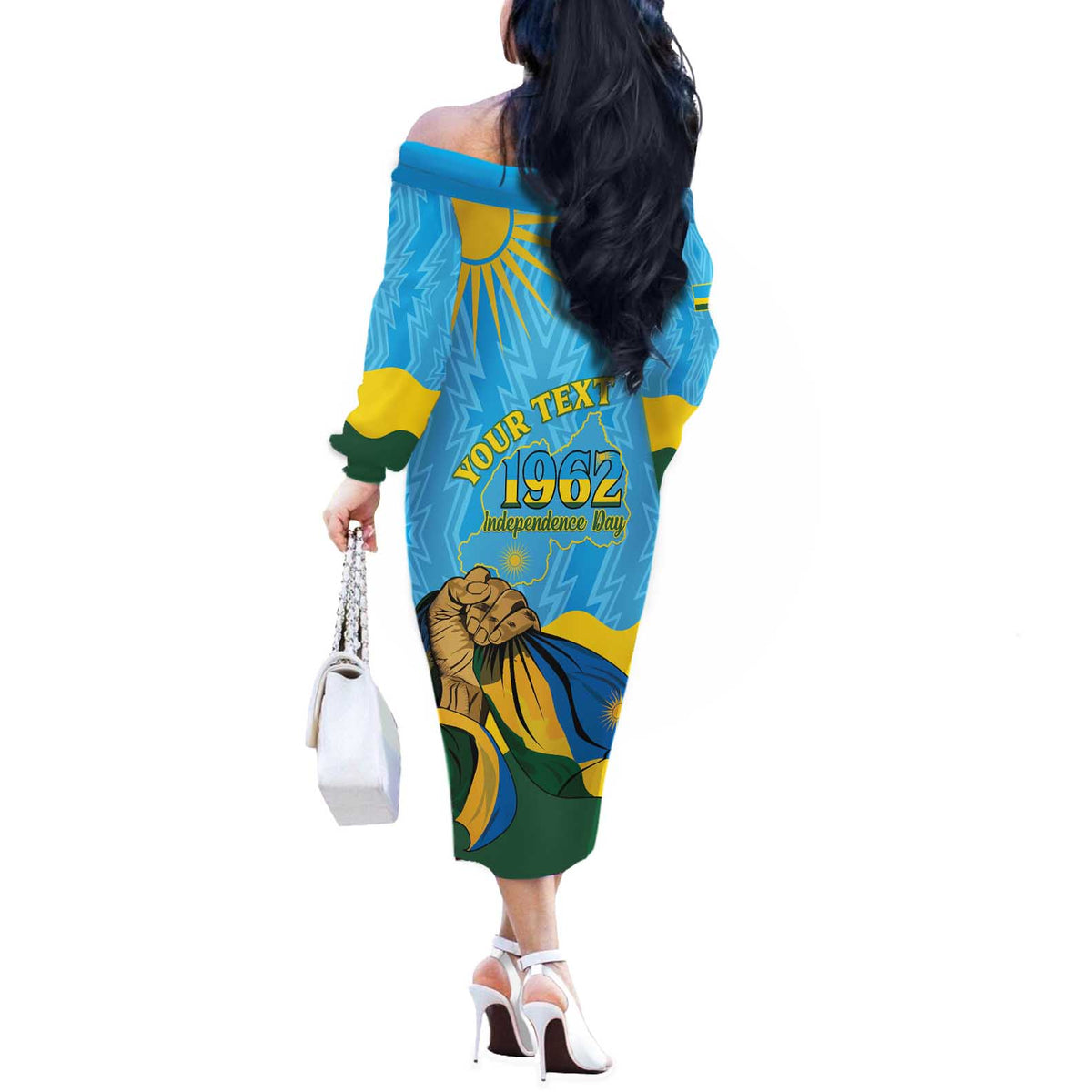 Personalized Rwanda Independence Day Off The Shoulder Long Sleeve Dress Coat Of Arms Imigongo Pattern
