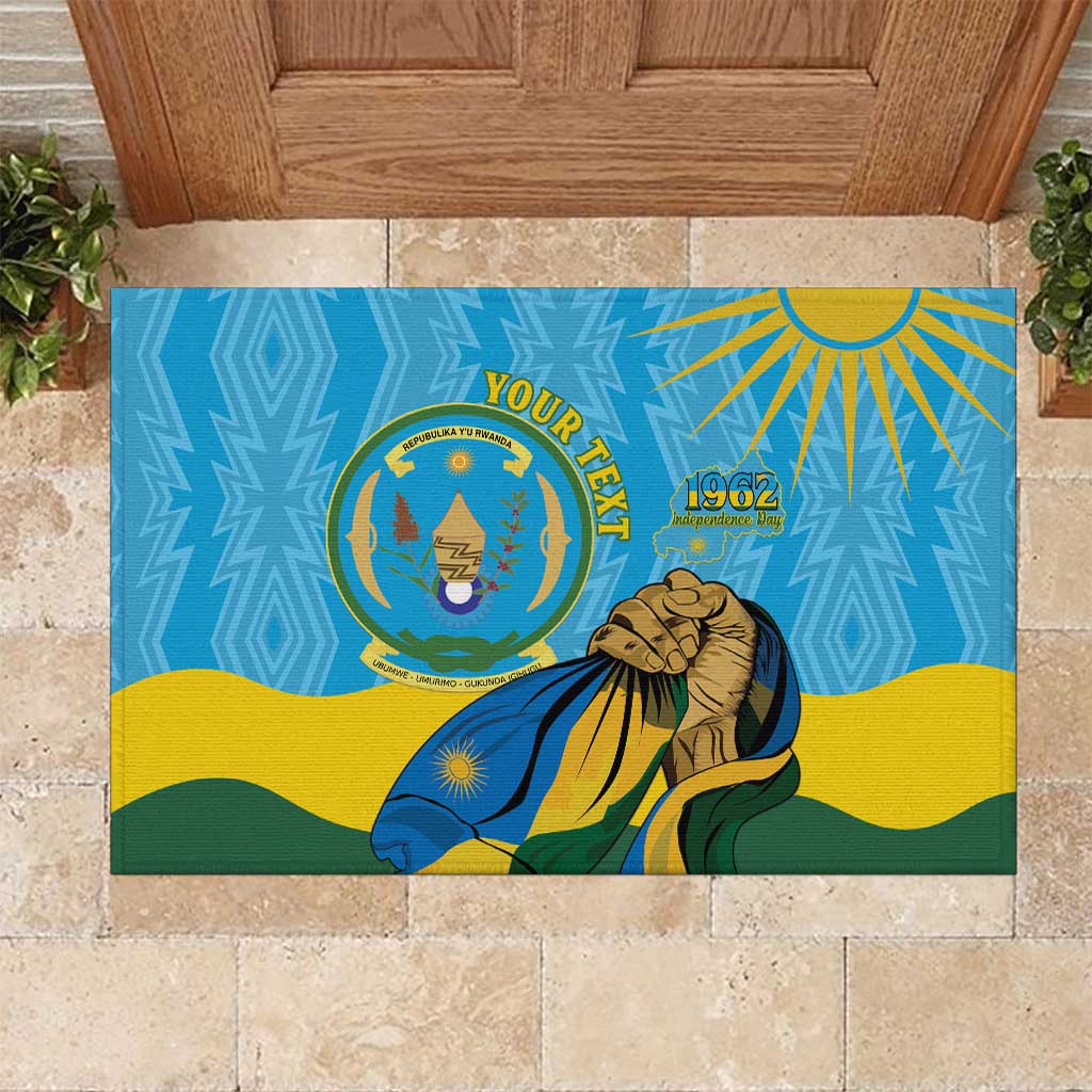 Personalized Rwanda Independence Day Rubber Doormat Coat Of Arms Imigongo Pattern