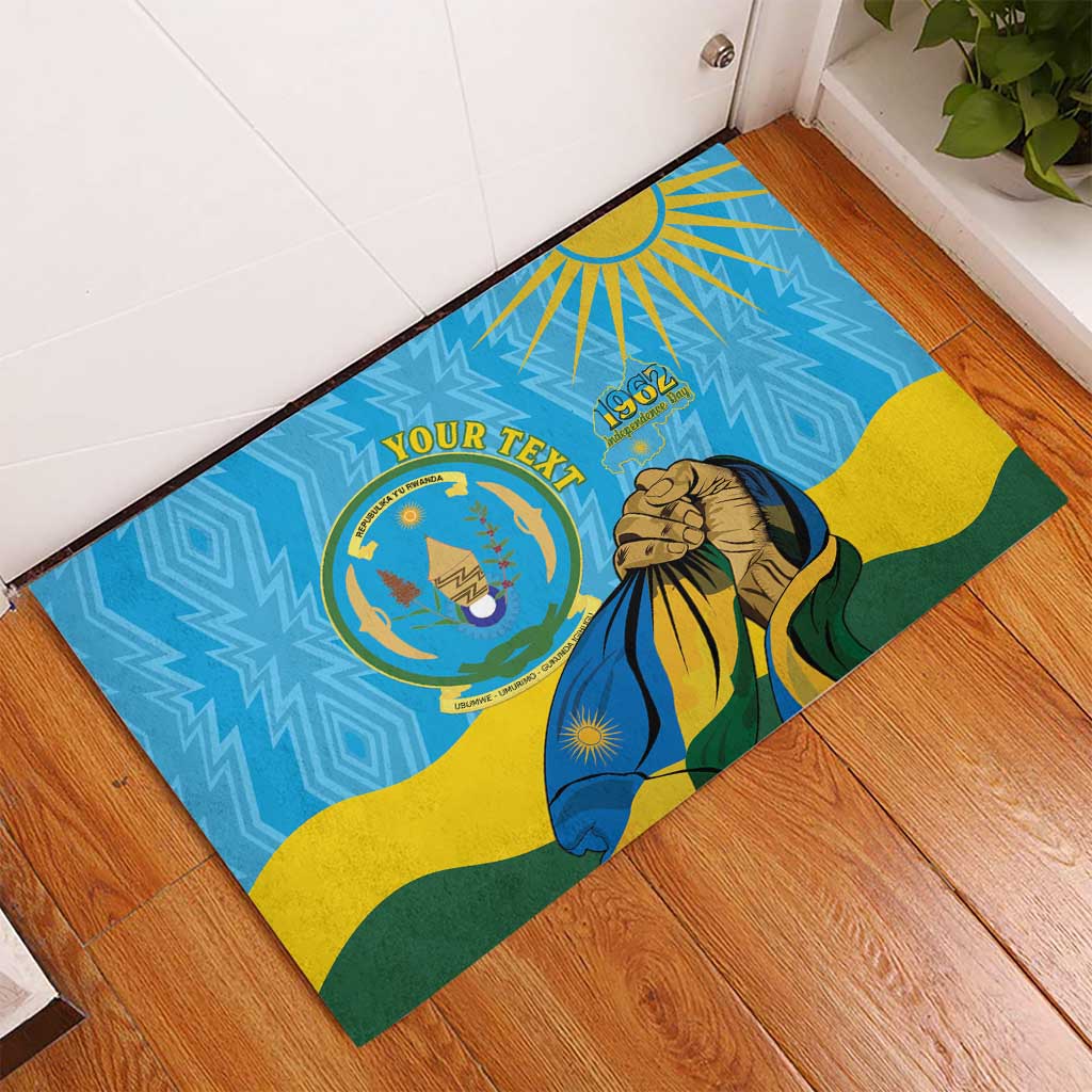Personalized Rwanda Independence Day Rubber Doormat Coat Of Arms Imigongo Pattern