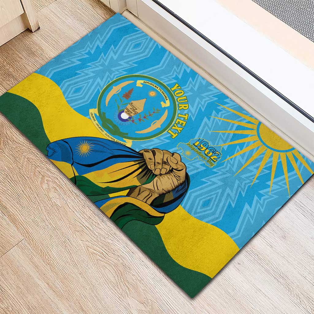 Personalized Rwanda Independence Day Rubber Doormat Coat Of Arms Imigongo Pattern