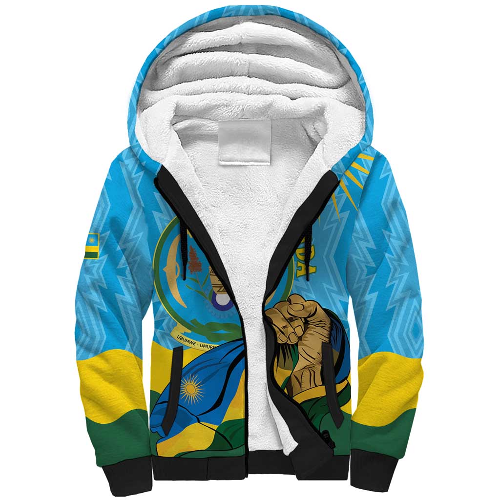 Personalized Rwanda Independence Day Sherpa Hoodie Coat Of Arms Imigongo Pattern