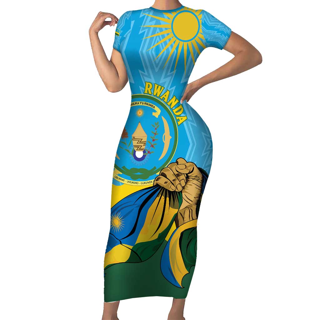 Personalized Rwanda Independence Day Short Sleeve Bodycon Dress Coat Of Arms Imigongo Pattern