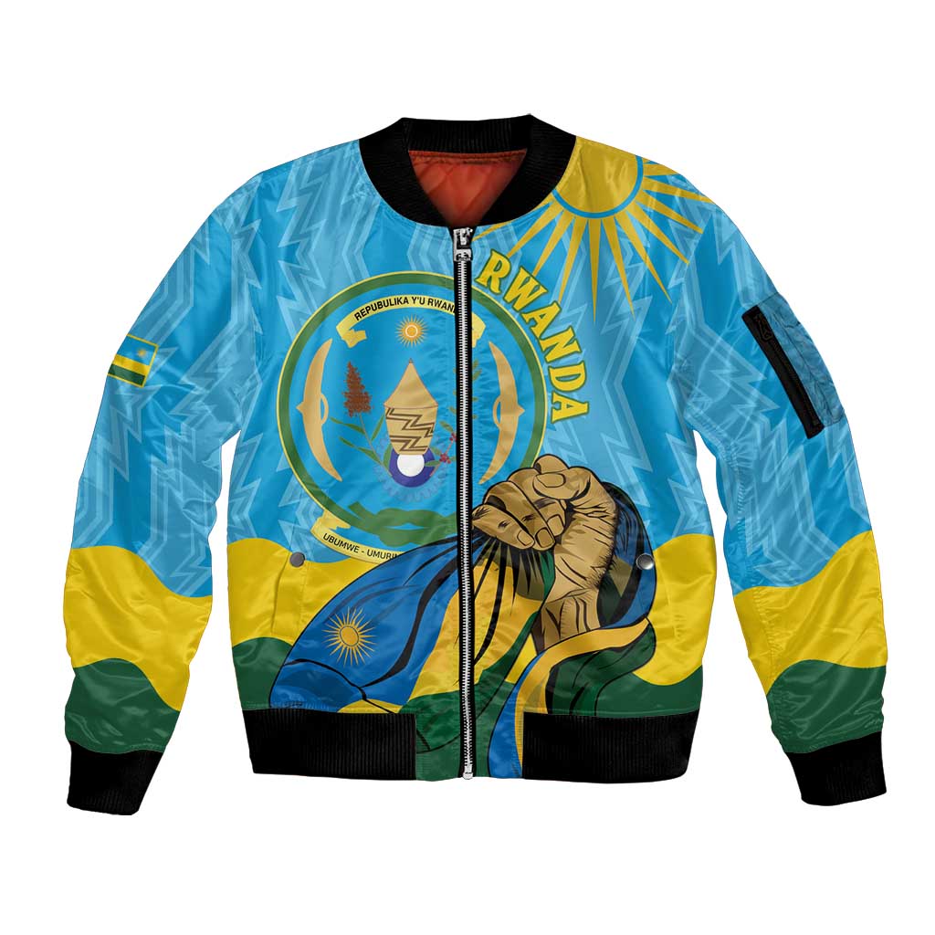 Personalized Rwanda Independence Day Sleeve Zip Bomber Jacket Coat Of Arms Imigongo Pattern