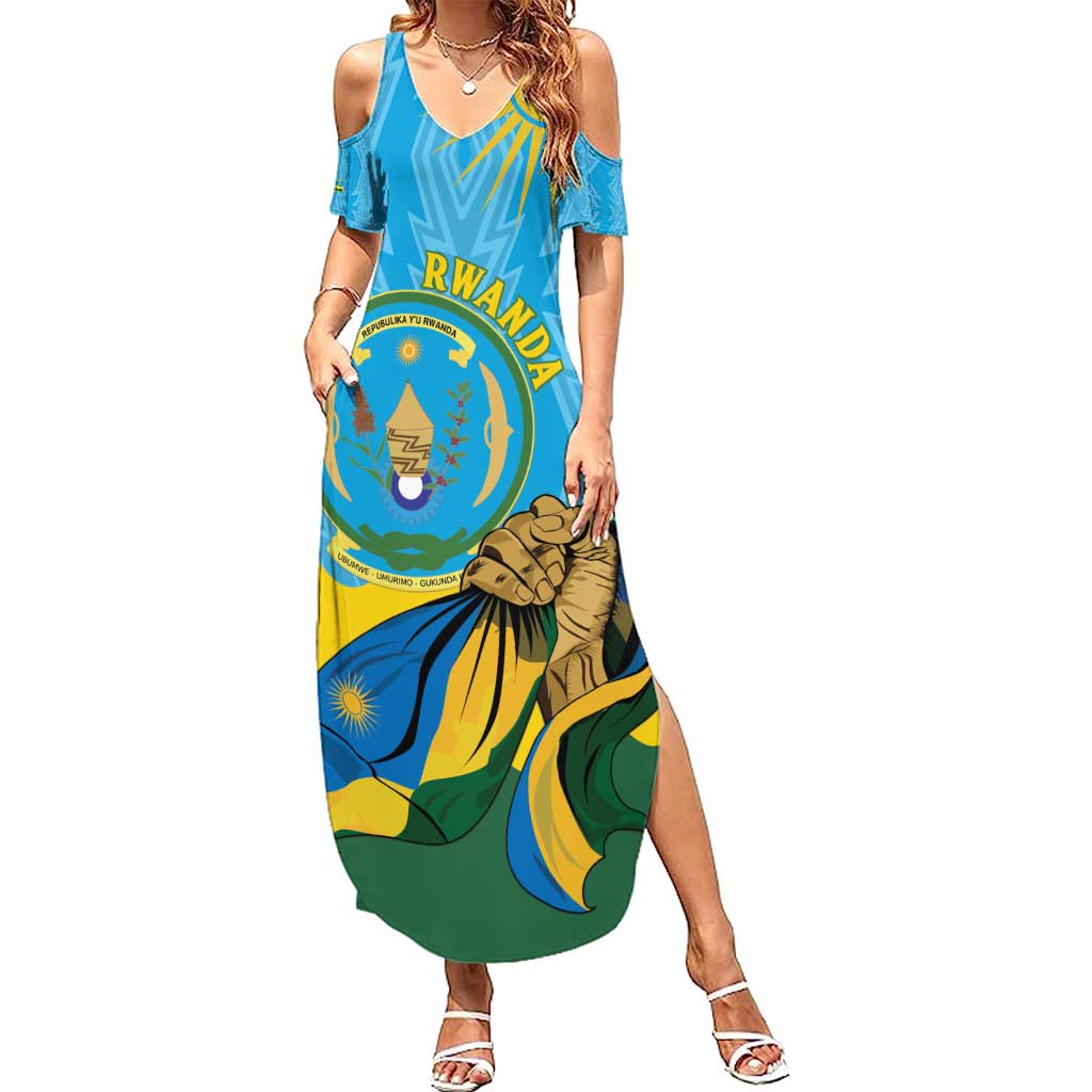Personalized Rwanda Independence Day Summer Maxi Dress Coat Of Arms Imigongo Pattern