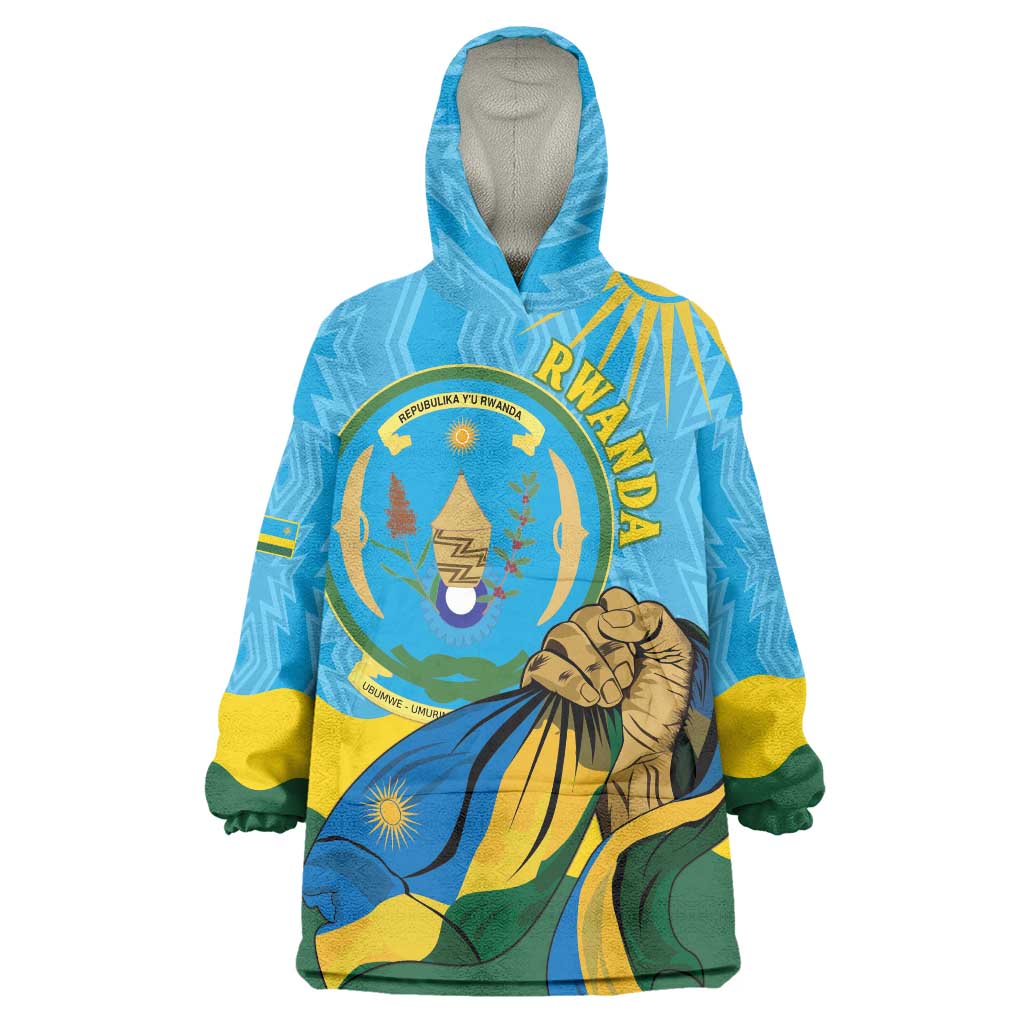Personalized Rwanda Independence Day Wearable Blanket Hoodie Coat Of Arms Imigongo Pattern