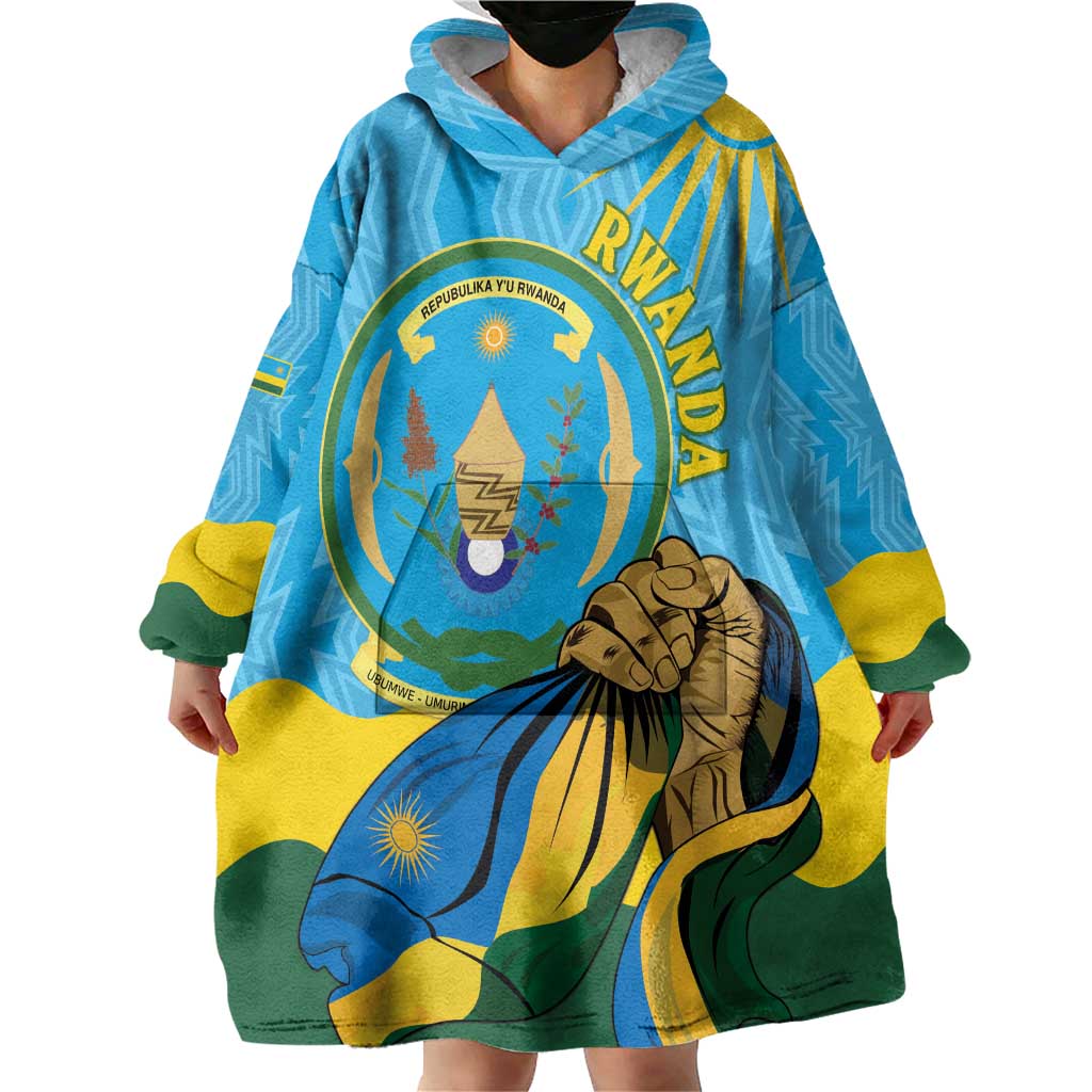 Personalized Rwanda Independence Day Wearable Blanket Hoodie Coat Of Arms Imigongo Pattern